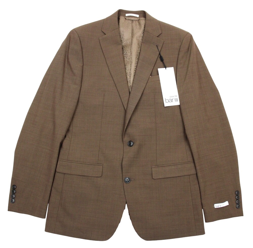 Bar III Suit Jacket 38 L Mens Slim Fit Solid Brown Stretch Wool Two Button